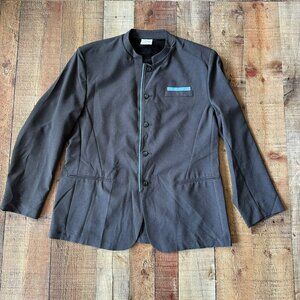 Mens Gray Mandarin Collar Blazer With Blue Trim & Button Details Size L